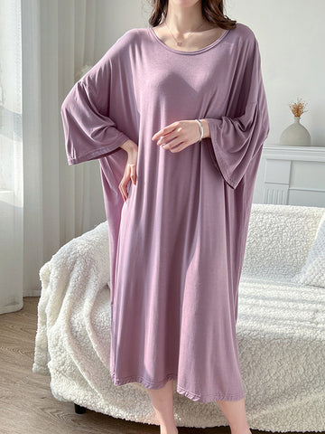 High Waisted Loose Solid Color Split-Joint Round-Neck Pajama Dress