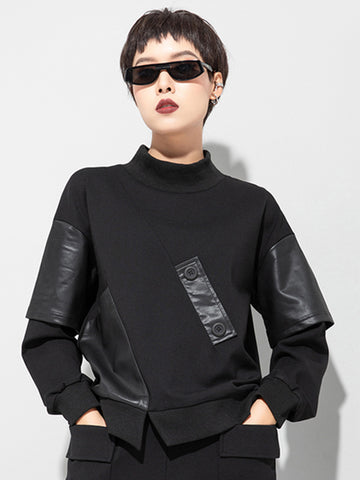 Thicken PU Split-Joint False-Two Asymmetric Sweatshirt