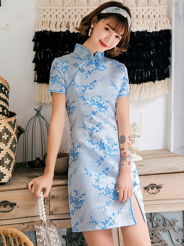 Plum Blossom Print Stand Collar Short Cheongsam