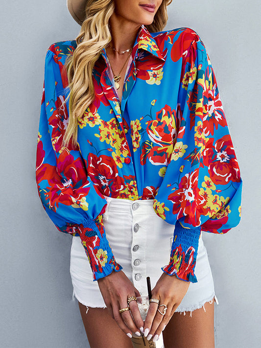 Long Sleeves Loose Buttoned Elasticity Flower Print Lapel Blouses&Shirts Tops