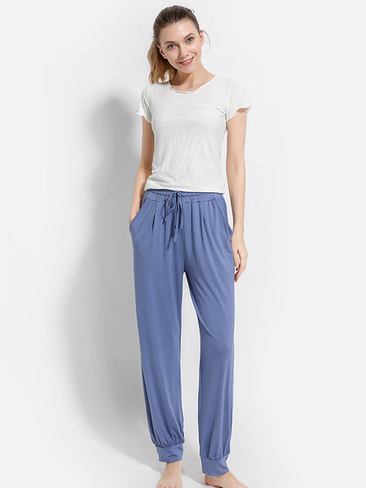 Solid Color Bandage Casual Loose Pajama Pants