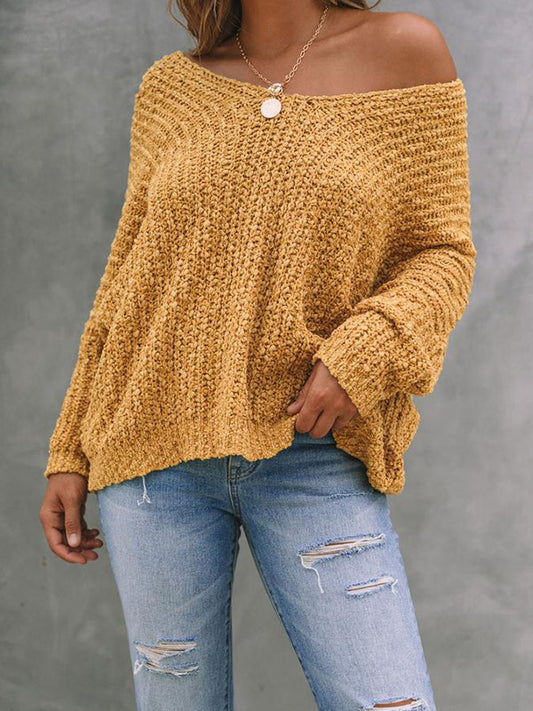 Long Sleeves Loose Solid Color V-Neck Knitwear Pullovers Sweater Tops