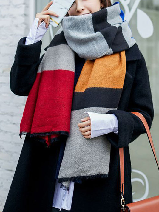 Contrast Color Fringed Keep Warm Multi-Colored Striped Shawl&Scarf