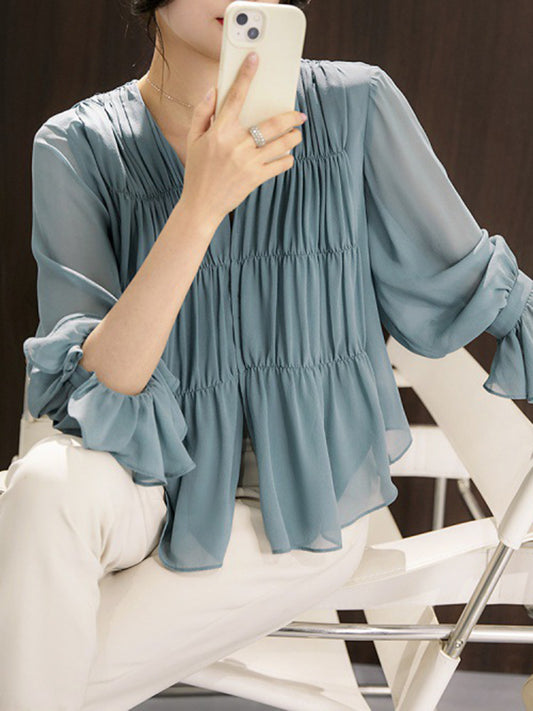 Flared Sleeves Long Sleeves Pleated Solid Color Split-Front V-Neck Blouses&Shirts Tops