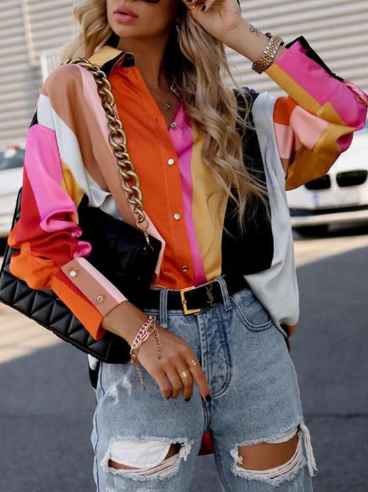 Long Sleeves Loose Contrast Color Printed Lapel Blouses