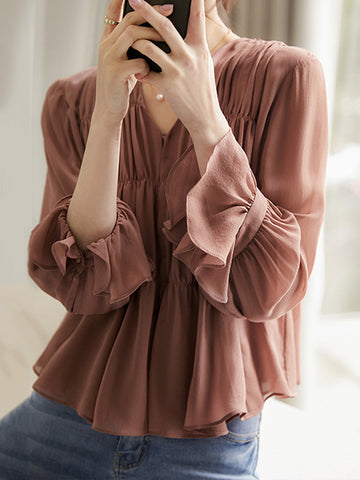 Flared Sleeves Long Sleeves Pleated Solid Color Split-Front V-Neck Blouses&Shirts Tops