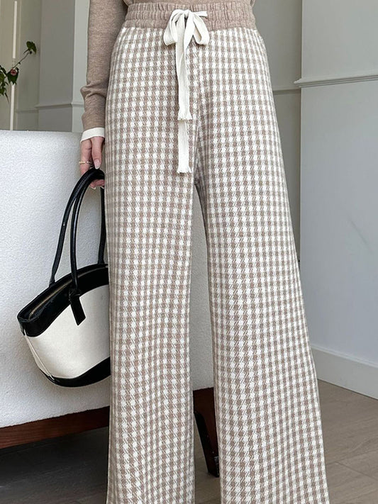 High Waisted Loose Drawstring Elasticity Plaid Pants Trousers