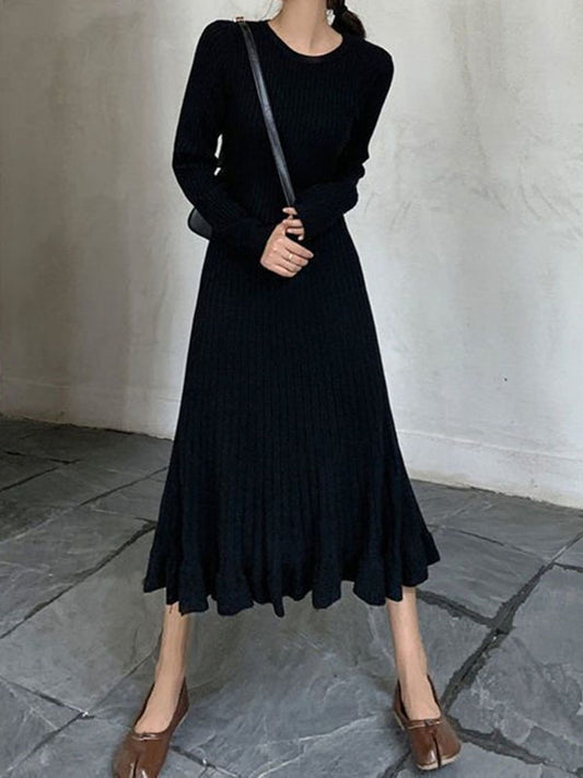 Long Sleeves Loose Ruffled Solid Color Round-Neck Midi Dresses Sweater Dresses