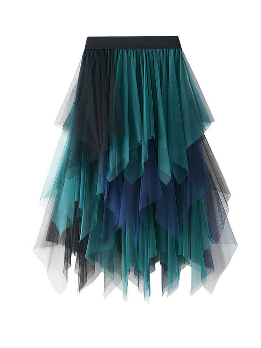 Urban Green Blue Contrast Color Irregular A-Line Gauze Skirts