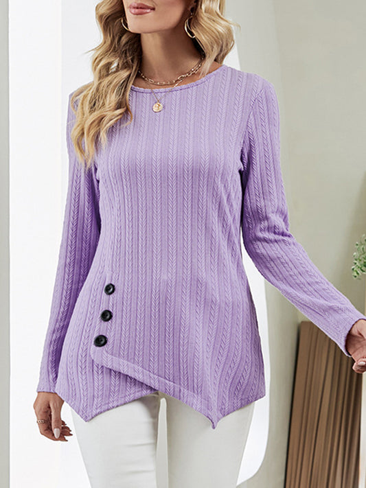 Long Sleeves Loose Asymmetric Buttoned Round-Neck T-Shirts Tops