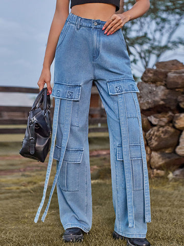 Loose Straight Leg High-Waisted Pockets Split-Joint Streamer Jean Pants Bottoms