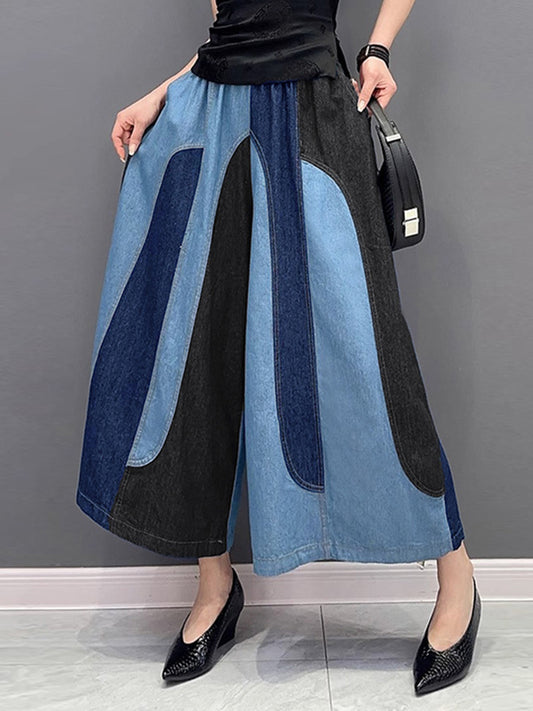 Loose Wide Leg Contrast Color Elasticity Split-Joint Jean Pants Bottoms