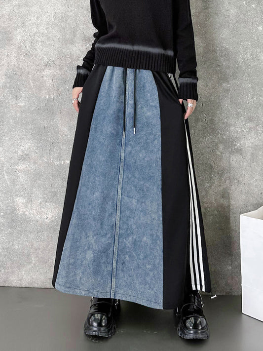 A-Line Loose Contrast Color Drawstring Split-Joint Striped Skirts Bottoms