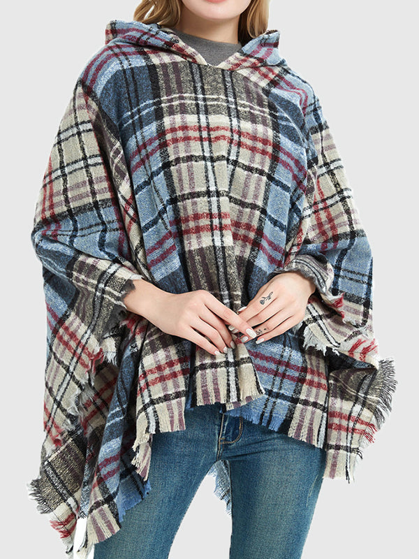 Fringed Hooded Keep Warm Plaid Cape Shawl&Cloak