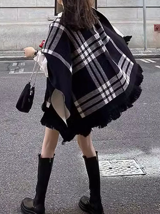 Long Sleeves Loose Contrast Color Plaid Split-Joint V-Neck Cape