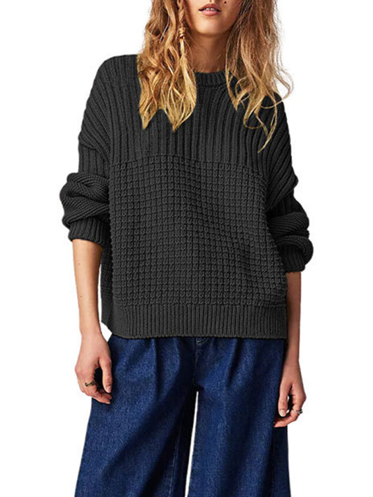 Long Sleeves Loose Solid Color Round-Neck Pullovers Sweater Tops