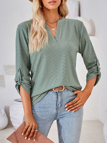 Loose Three-Quarter Sleeves Jacquard Solid Color V-Neck T-Shirts