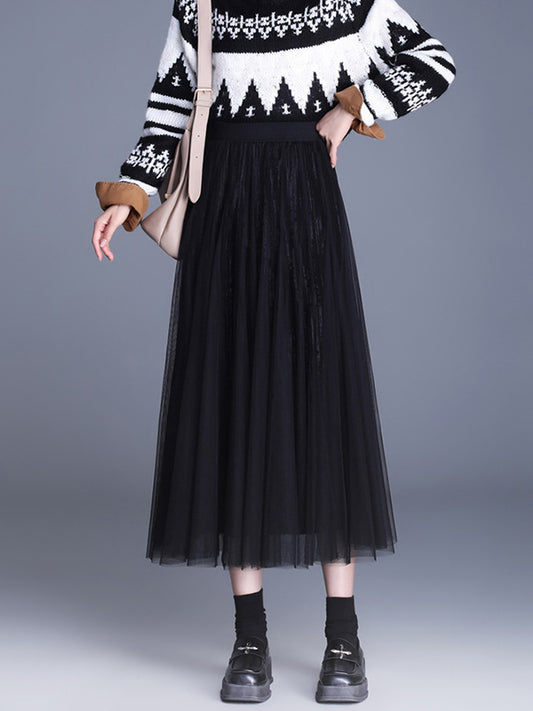 A-Line High Waisted Gauze Pleated Solid Color Split-Joint Skirts