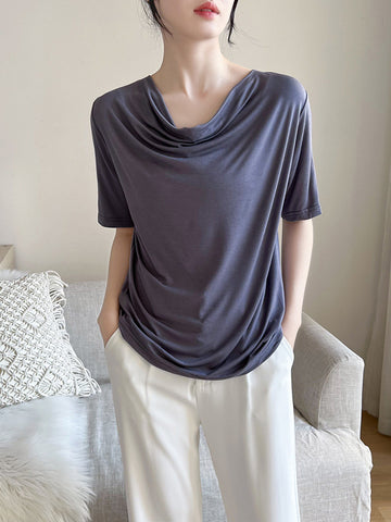 Short Sleeves Pleated Solid Color Heaps Collar T-Shirts Tops