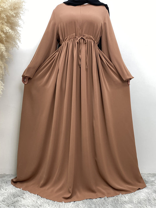 Long Sleeves Loose Drawstring Elasticity Muslim Pleated Solid Color Zipper Round-Neck Maxi Dresses