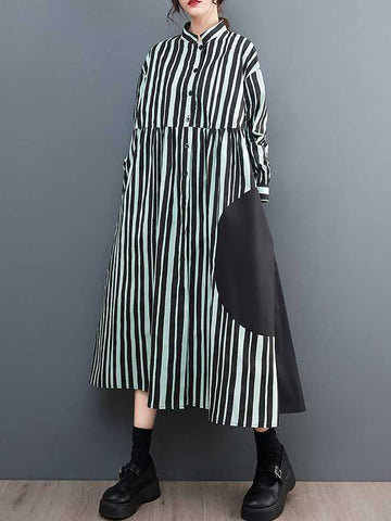 Long Sleeves Loose Buttoned Split-Joint Striped Mock Neck Midi Dresses