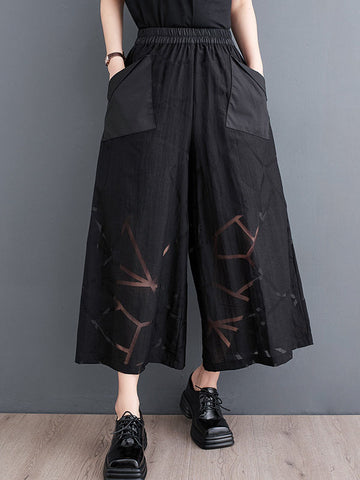 High Waisted Ninth Pants Elastics Printed Wide Leg Casual Pants Bottoms