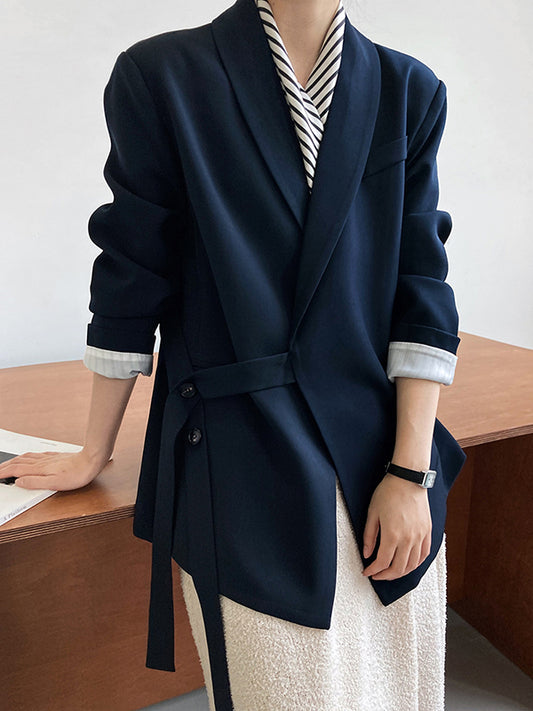 Long Sleeves Loose Asymmetric Buttoned Pockets Solid Color Tied V-Neck Blazer Outerwear