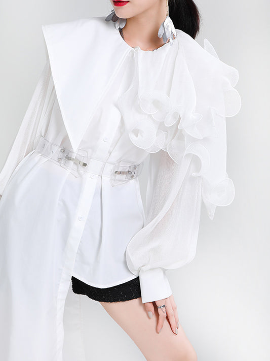 Long Sleeves Loose Asymmetric Pleated Solid Color Split-Joint Falbala Lapel Blouses&Shirts Tops