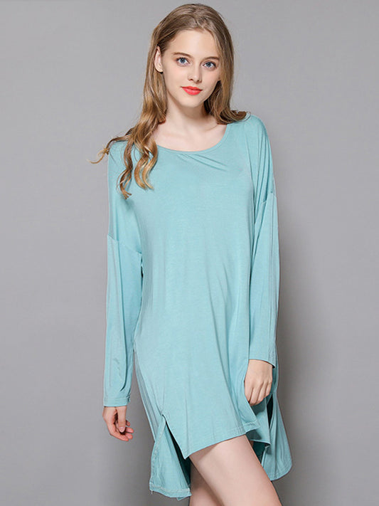 Solid Color Modal Plus Size High-Low Long Sleeve Pajamas Dress