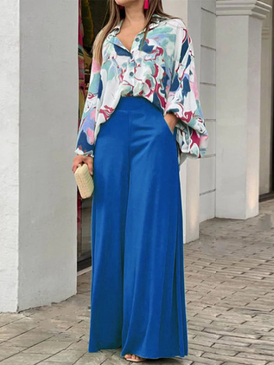 Original Contrast Color Blouse&Solid Wide Legs Pants 2 Pieces Set