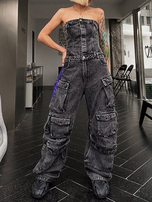 High Waisted Wide Leg Buttoned Pockets Split-Joint Tube Jumpsuits