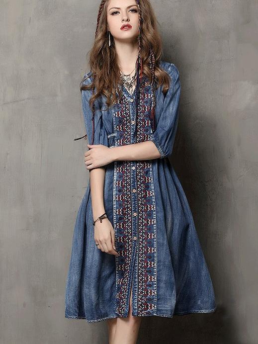 Vintage Oversize Embroidery Denim Dress