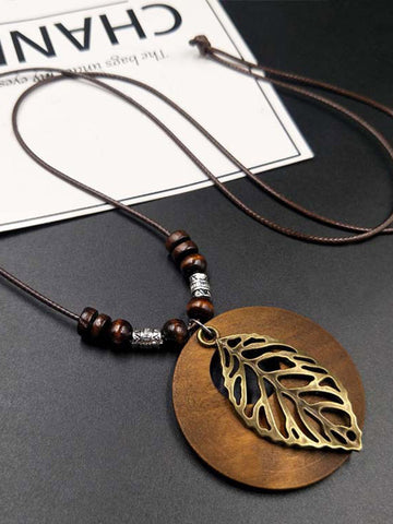 Original Vintage Wood Alloy Leaf Necklace