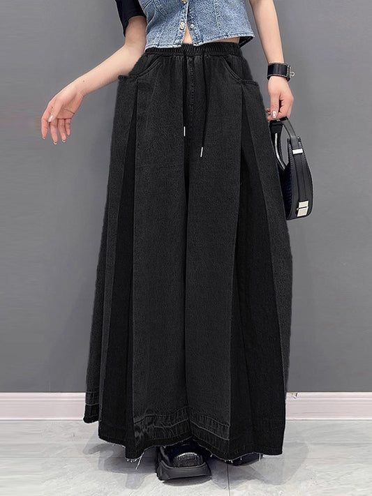 Loose Wide Leg Contrast Color Drawstring Fringed Pockets Jean Pants Bottoms