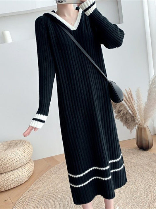 Urban Long Sleeves Loose Striped V-Neck Hooded Sweater Dresses