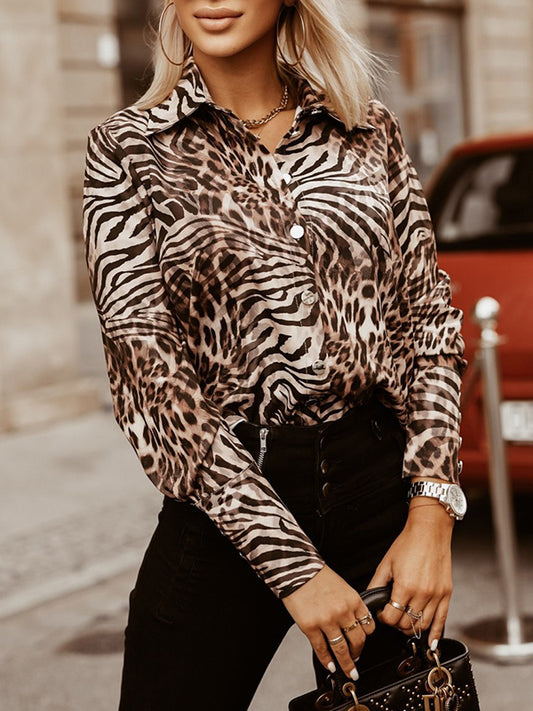 Long Sleeves Loose Leopard Printed Lapel Blouses