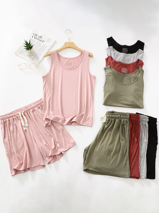 Loose Sleeveless Drawstring Elasticity Pleated Solid Color Round-Neck Pajama Sets