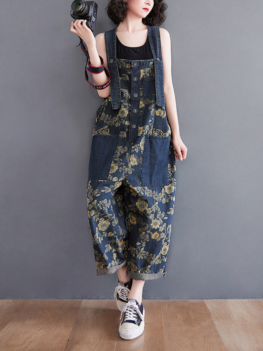 Oversize Floral Printed Denim Overalls