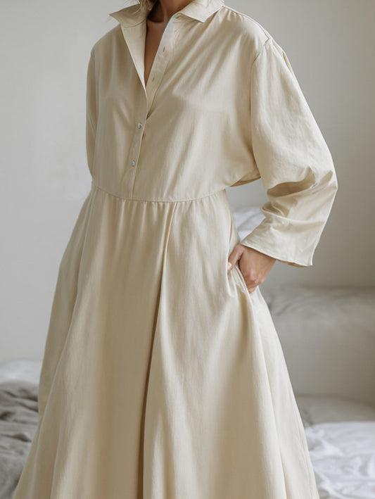 Long Sleeves Loose Buttoned Solid Color Split-Joint Lapel Midi Dresses Shirt Dress