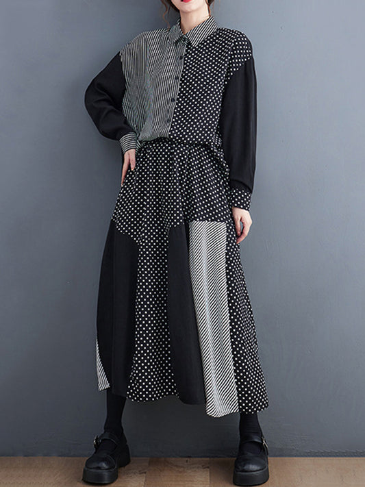 Loose Oversize Striped Polka-Dot Split-Joint Blouse Top A-Line Skirt Bottom Two Pieces Set