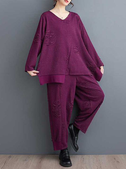 Long Sleeves Asymmetric Solid Color Split-Joint V-Neck T-Shirts Top + Harem Pants Elasticity Pants Bottom Two Pieces Set