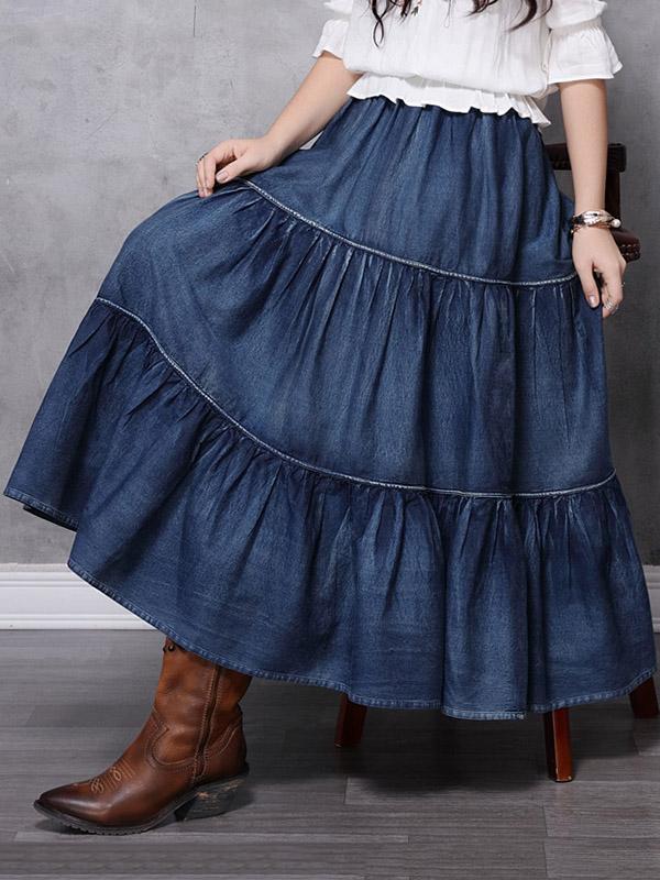 Vintage Splicing Pleated Jean Skirt