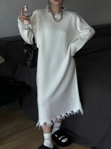 High Waisted Long Sleeves Fringed Solid Color Round-Neck Midi Dresses Sweater Dresses