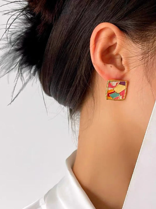 Multi-Colored Enamel Oil Painting Style Square Earrings