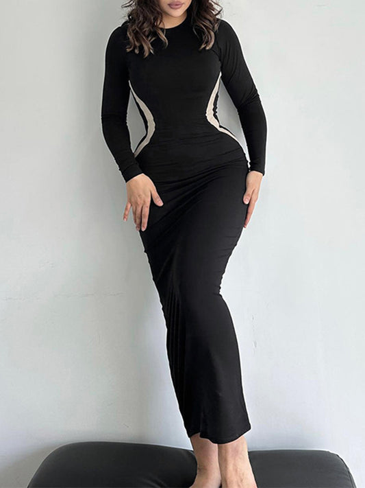 Long Sleeves Skinny Contrast Color Round-Neck Maxi Dresses