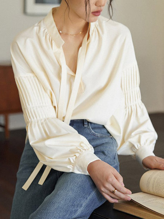 Long Sleeves Loose Pleated Solid Color Tied Mock Neck Blouses&Shirts Tops