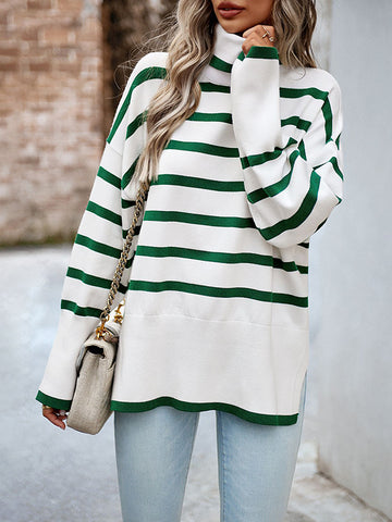 Long Sleeves Loose Contrast Color Split-Side Striped High Neck Pullovers Sweater Tops