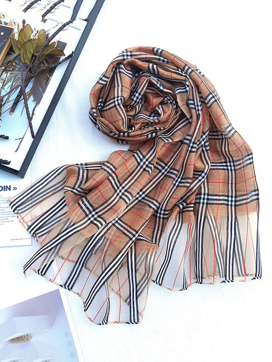 Mulberry Silk & Wool Blend Sun-Protection Plaid Shawl&Scarf