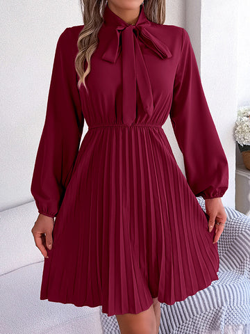 Long Sleeves Loose Pleated Solid Color Tied Mock Neck Mini Dresses