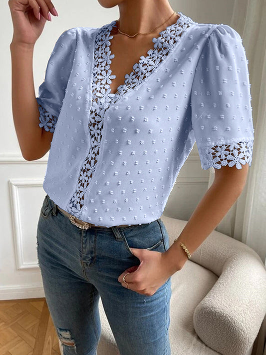 Loose Short Sleeves Applique Solid Color V-Neck Blouses&Shirts Tops